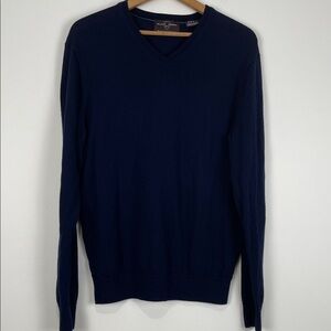 Black Brown 1826 Men's XL V-Neck Sweater 100% Extrafine Merino Wool Navy Blue